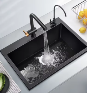 Single Bowl Black Quartz Stone Granite Sink 600*470*220mm Fashionable Corner And Rectangular Drainer Design