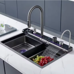 LED Digital Multi-functional Kitchen Sink 105*65*45cm Stainless Steel Sink With Knife Holder