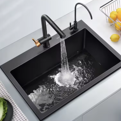 Single Bowl Black Quartz Stone Granite Sink 600*470*220mm Fashionable Corner And Rectangular Drainer Design